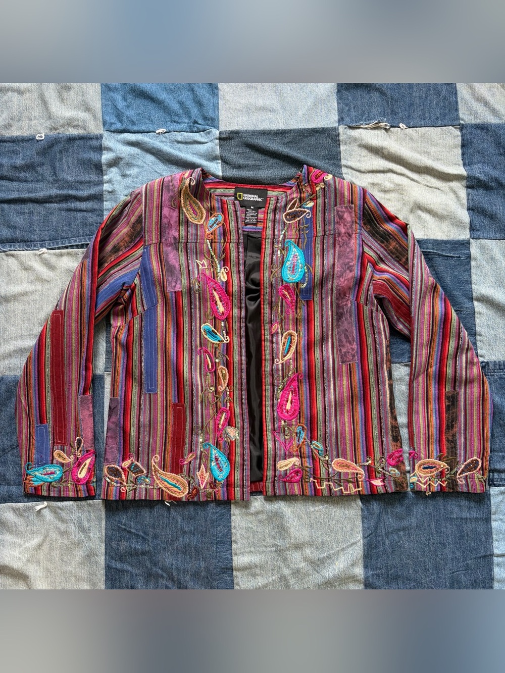 vtg striped sequined paisley beaded national geographic 100% silk jacket size M